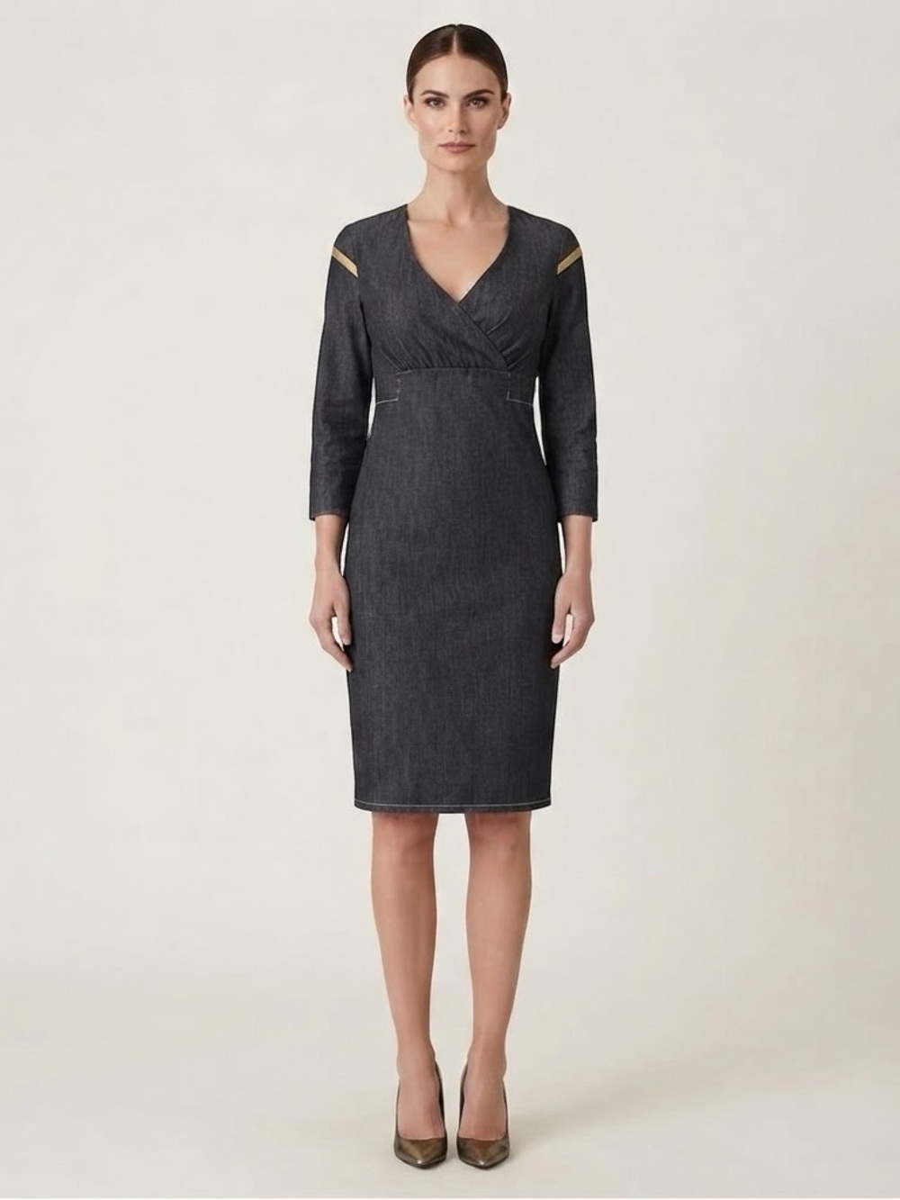 Diesel Black V-Neck Knee-Length Dress with 3/4 Sleeves Size L Indigo Blue